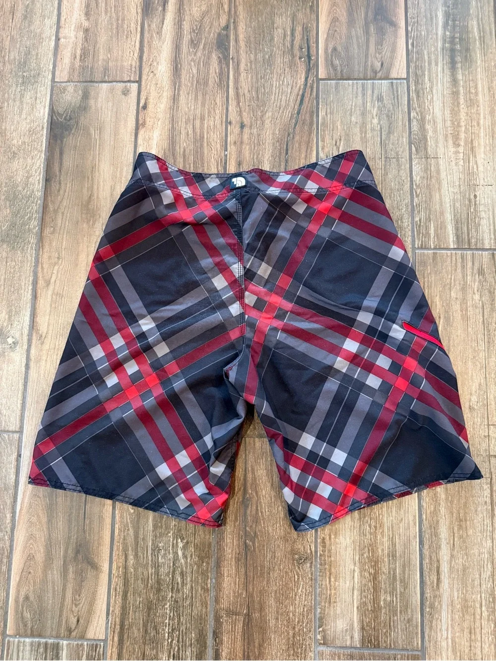 The North Face Men's Red, Black & Gray Plaid Swim Board Shorts